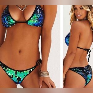 Dollhouse Midnight Mermaid Sequin Bikini Set - Top S/M Scrunch Bum Bottom M